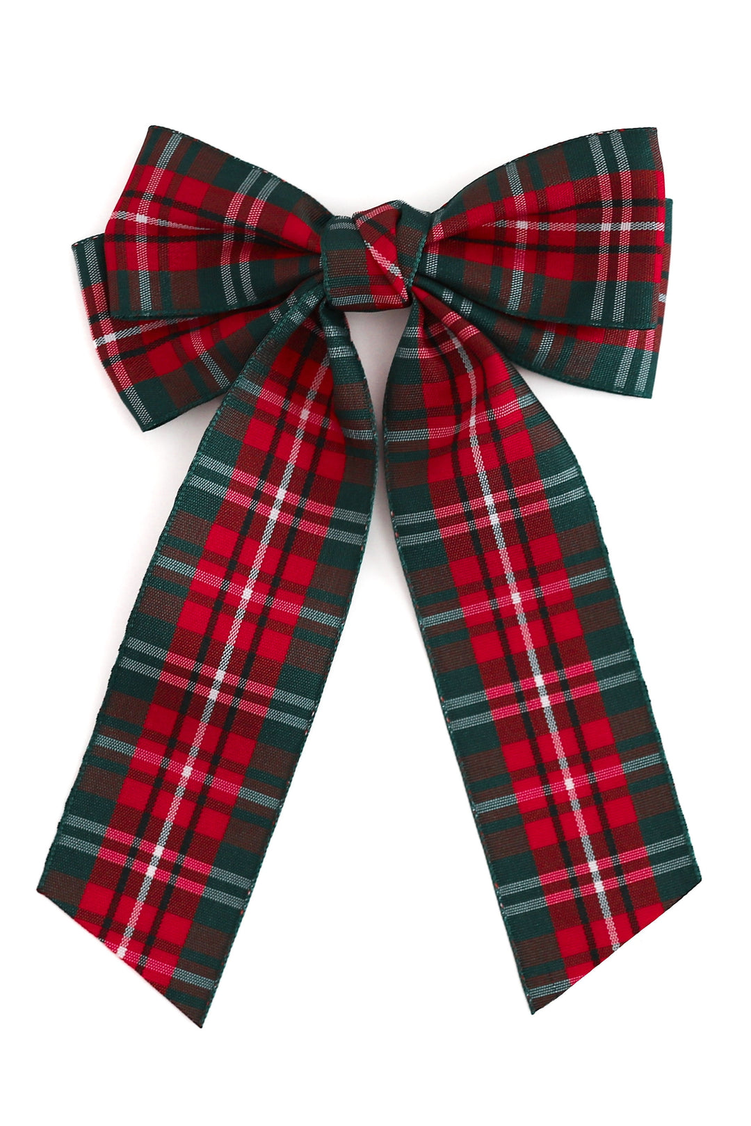 A large fabric bow featuring a classic red, green, and white tartan plaid pattern, photographed flat against a solid white background.