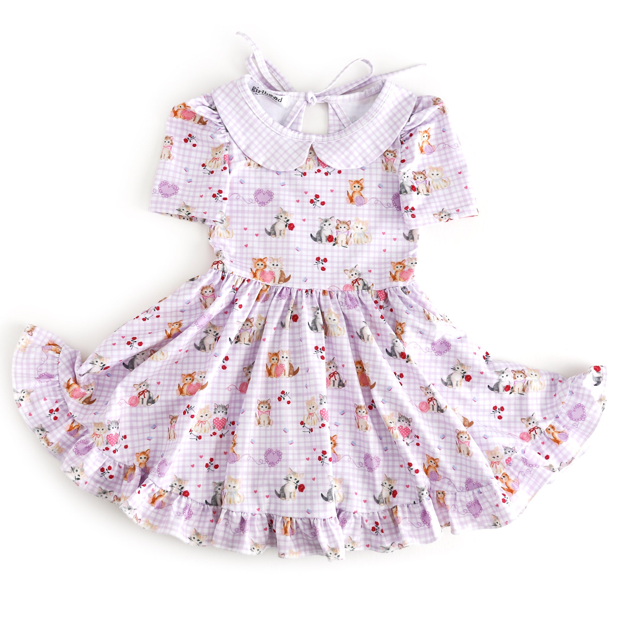 girls' lavender gingham collared twirl dress with vintage kitten print with hearts and roses for valentine's day