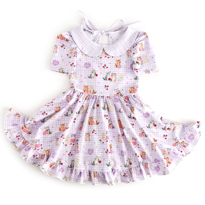 girls' lavender gingham collared twirl dress with vintage kitten print with hearts and roses for valentine's day