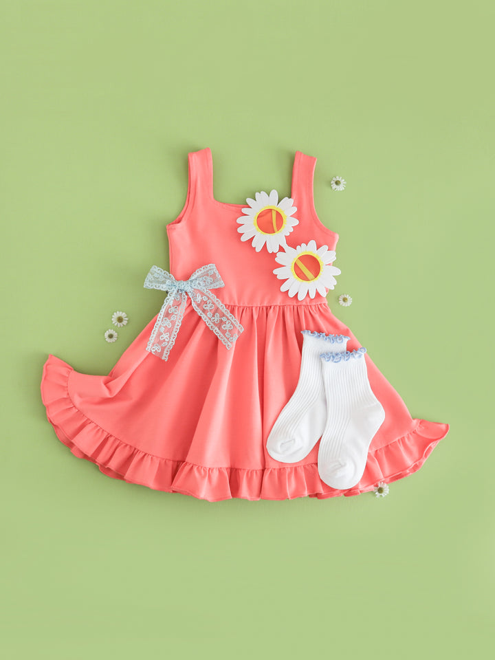 girls coral pink sleeveless twirl dress styled with flower sunglasses, light blue lace bow and white ribbed midi socks with light blue trim