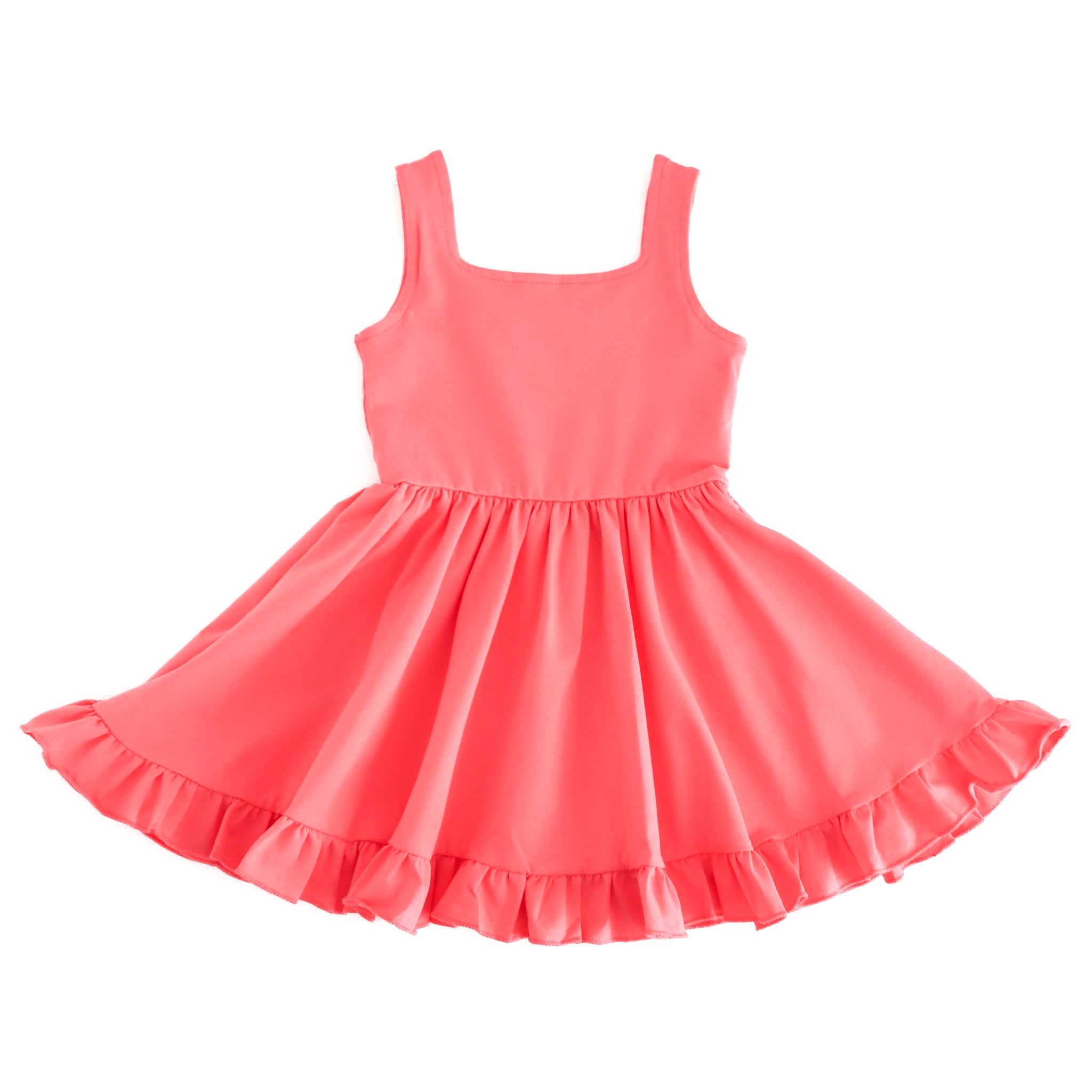 girls' square neck cotton blend tank twirl dress for summer in coral