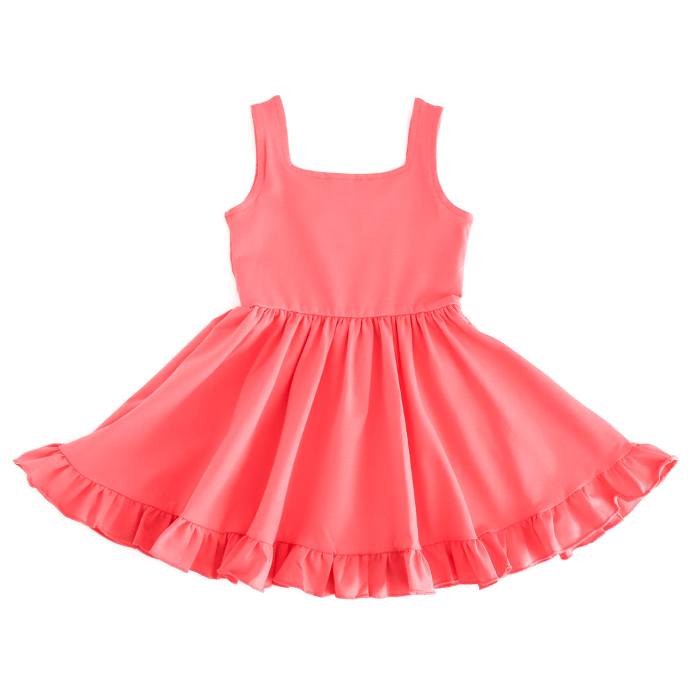 girls' square neck cotton blend tank twirl dress for summer in coral