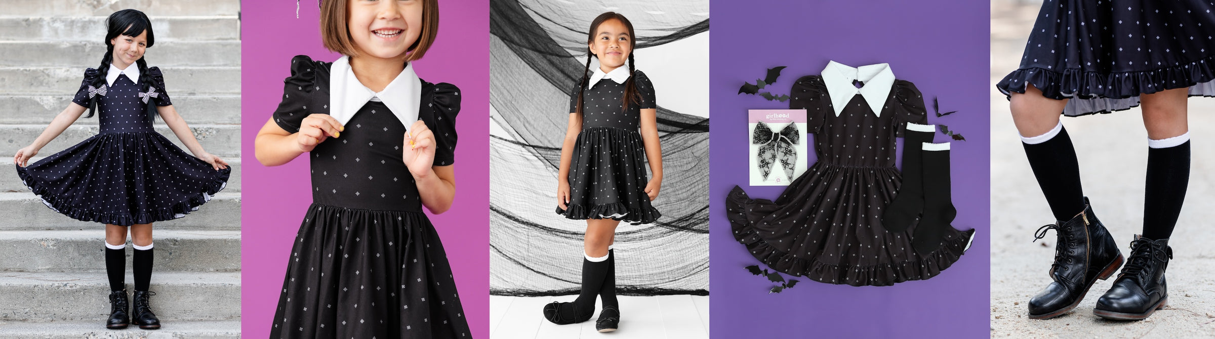 collage of girls halloween wednesday dress and socks photos