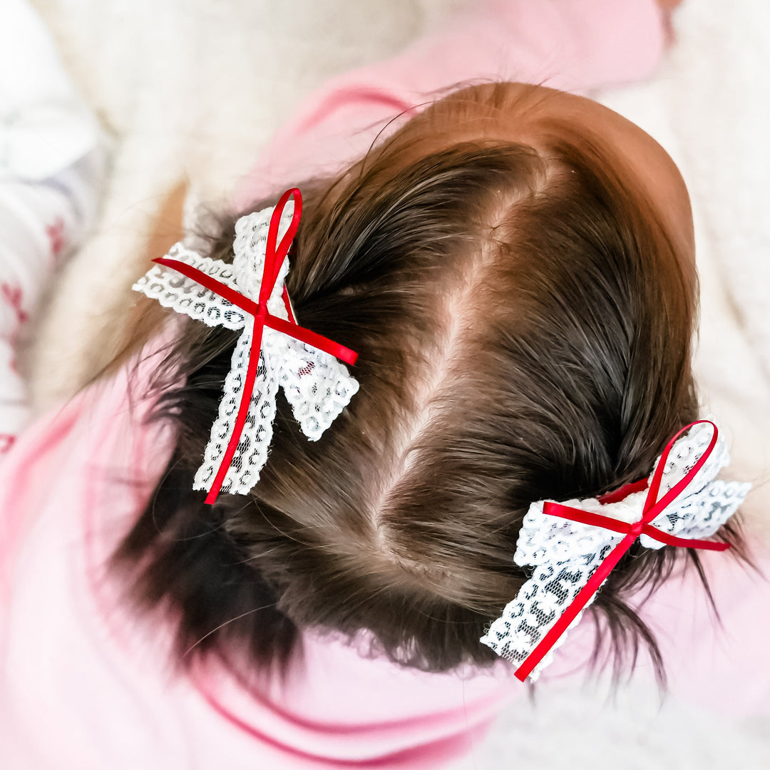 Ribbon & Lace Pigtail Bows - White/Red