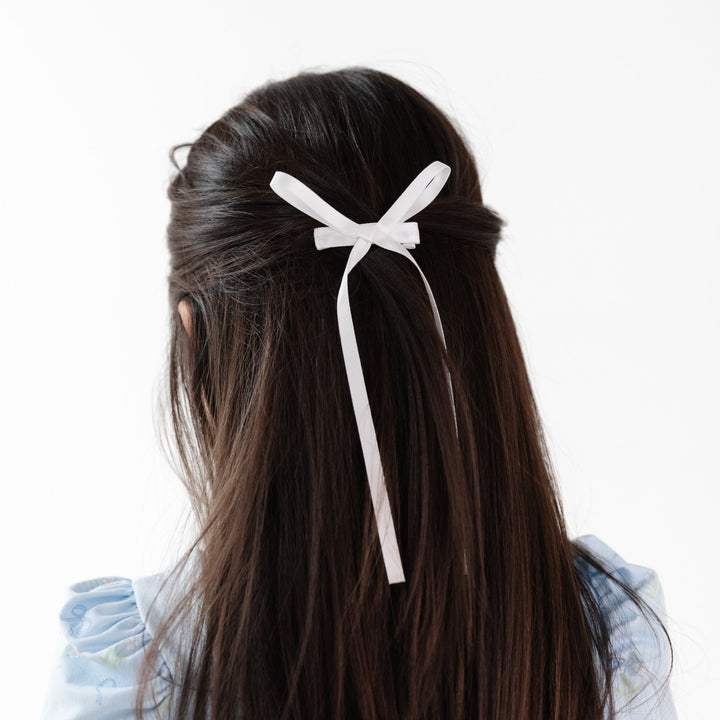 white long tail satin ribbon hairbow on clip in girls hair