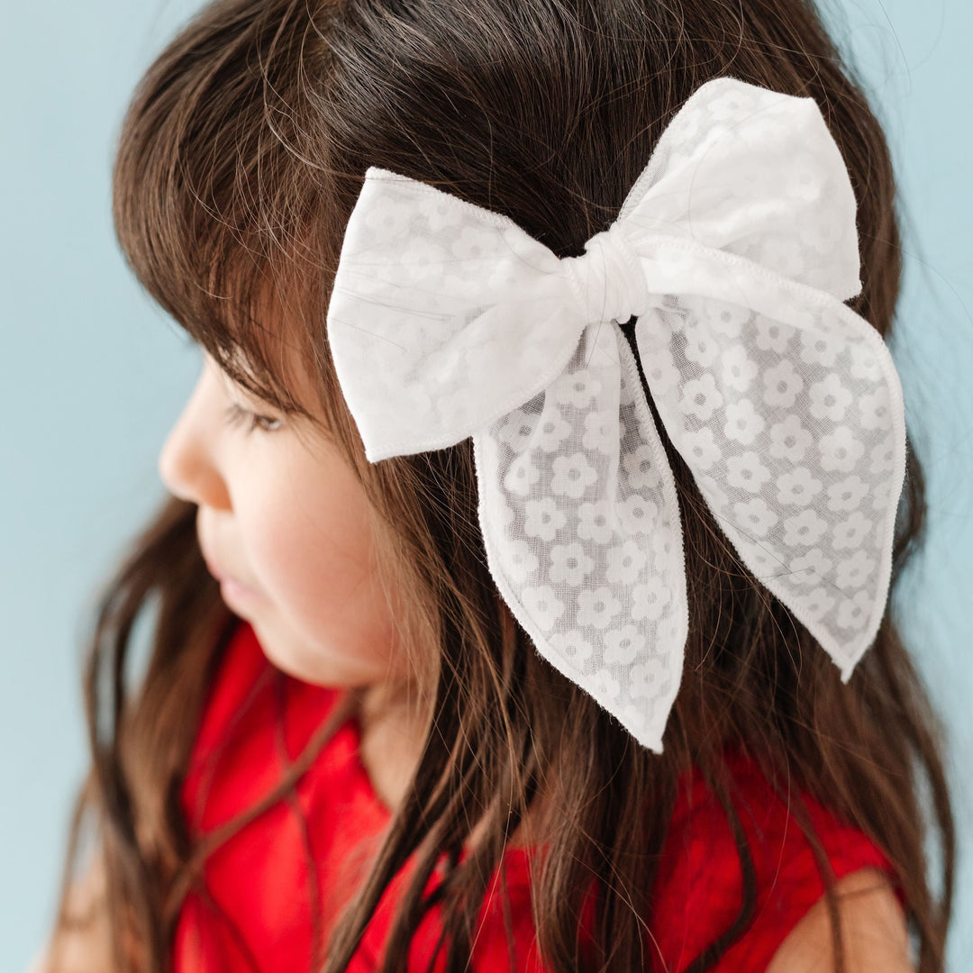 white sheer hair bow with flowers