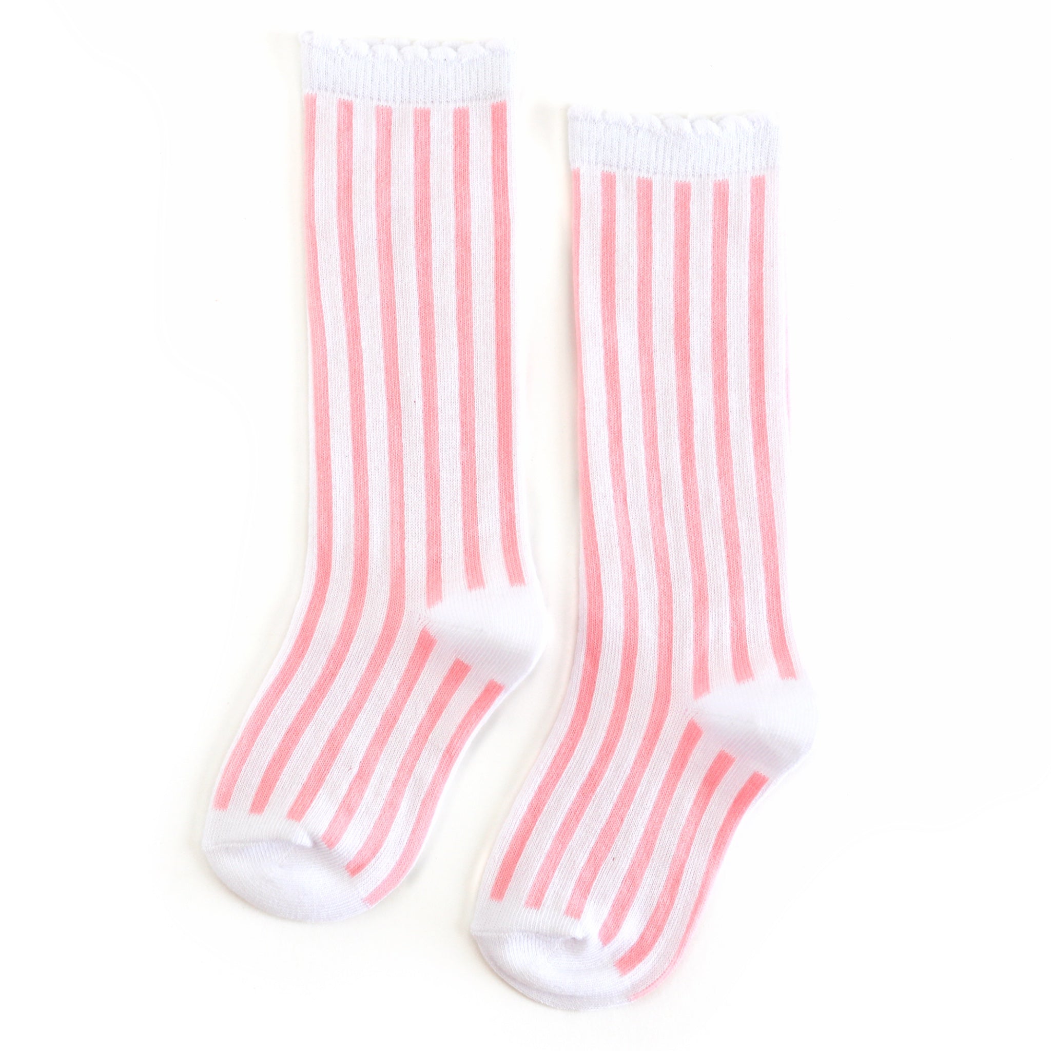 girls white and light pink vertical striped knee high socks with white scalloped trim