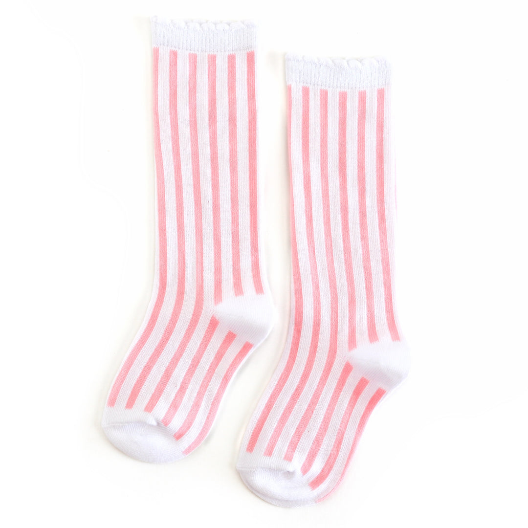 girls white and light pink vertical striped knee high socks with white scalloped trim