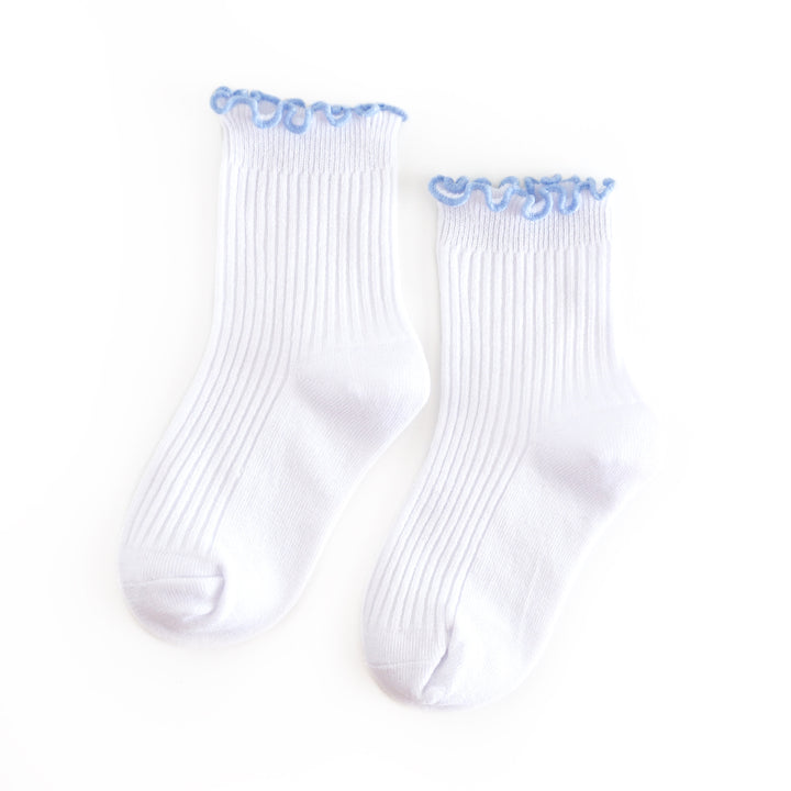 girls white ribbed midi length socks with light blue lettuce trim for spring