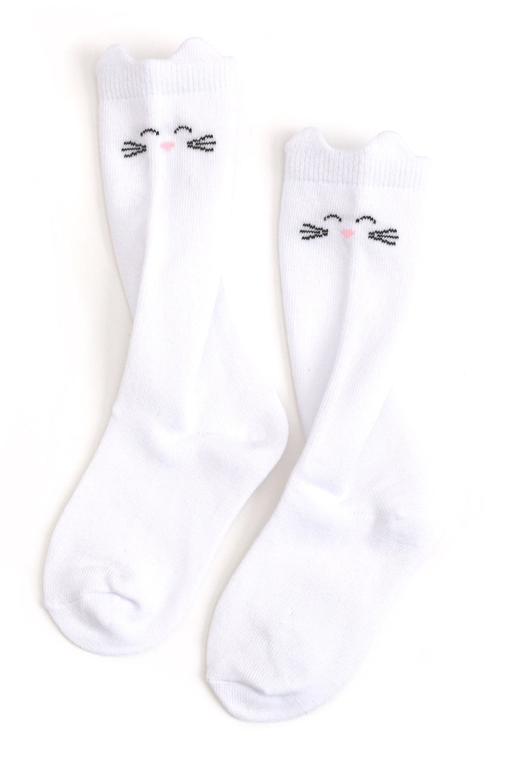 girl's white knee high socks with ears and print of cat whiskers, eyes and nose 