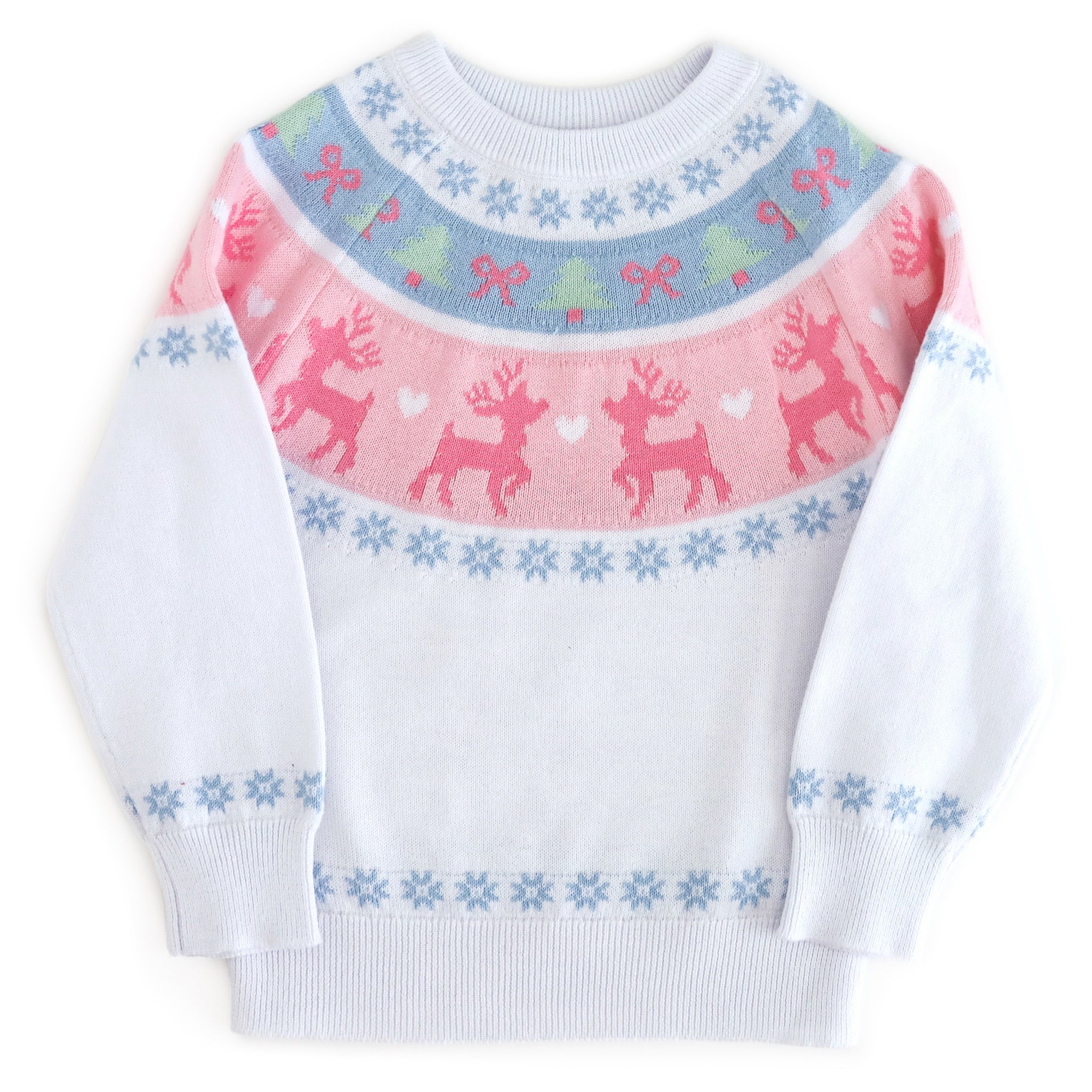 girls' white cotton knit sweater with pastel pink and blue fair isle reindeer and snowflake design for winter