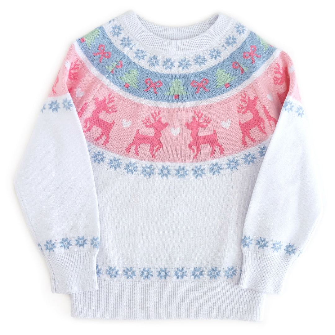 girls' white cotton knit sweater with pastel pink and blue fair isle reindeer and snowflake design for winter