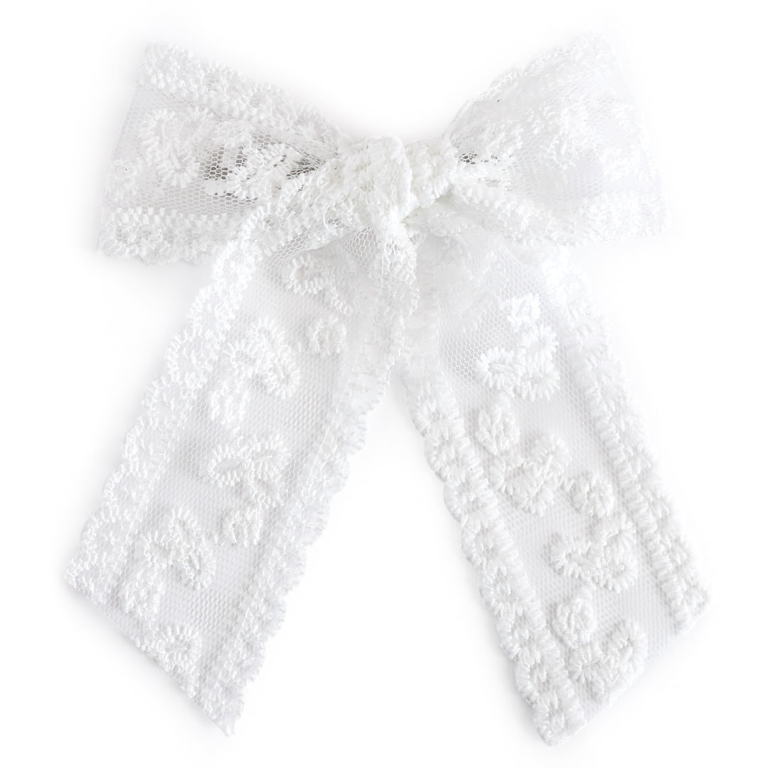 girls' hair bow in white lace on silver alligator clip