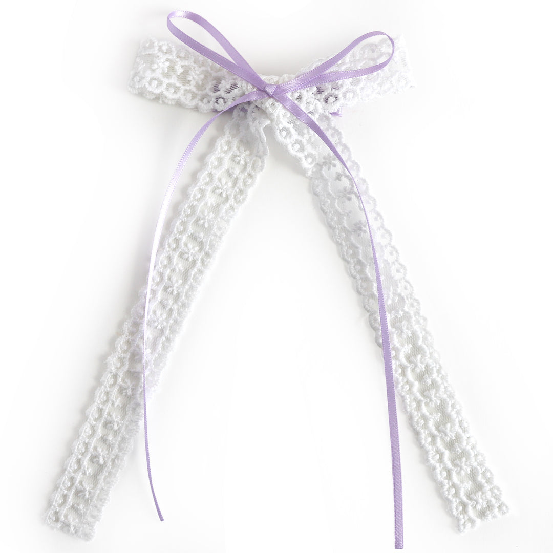 girls' white lace long tail bow with lavender ribbon accent on alligator clip