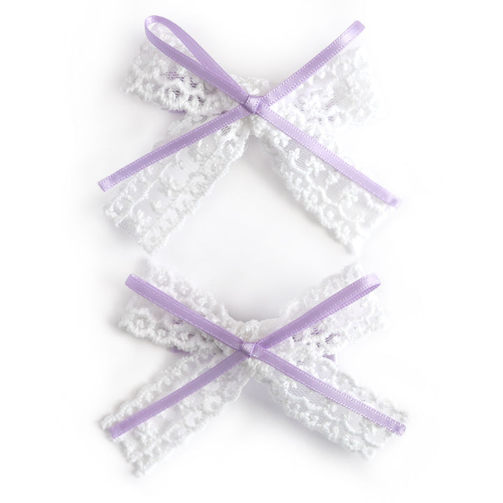 girls' dainty white lace pigtail bows with lavender ribbon accent on alligator clips
