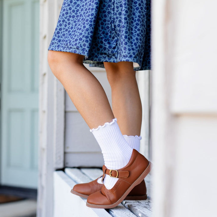 little girls ribbed white mid ankle socks with lettuce trim and two tome blue floral dress for fall