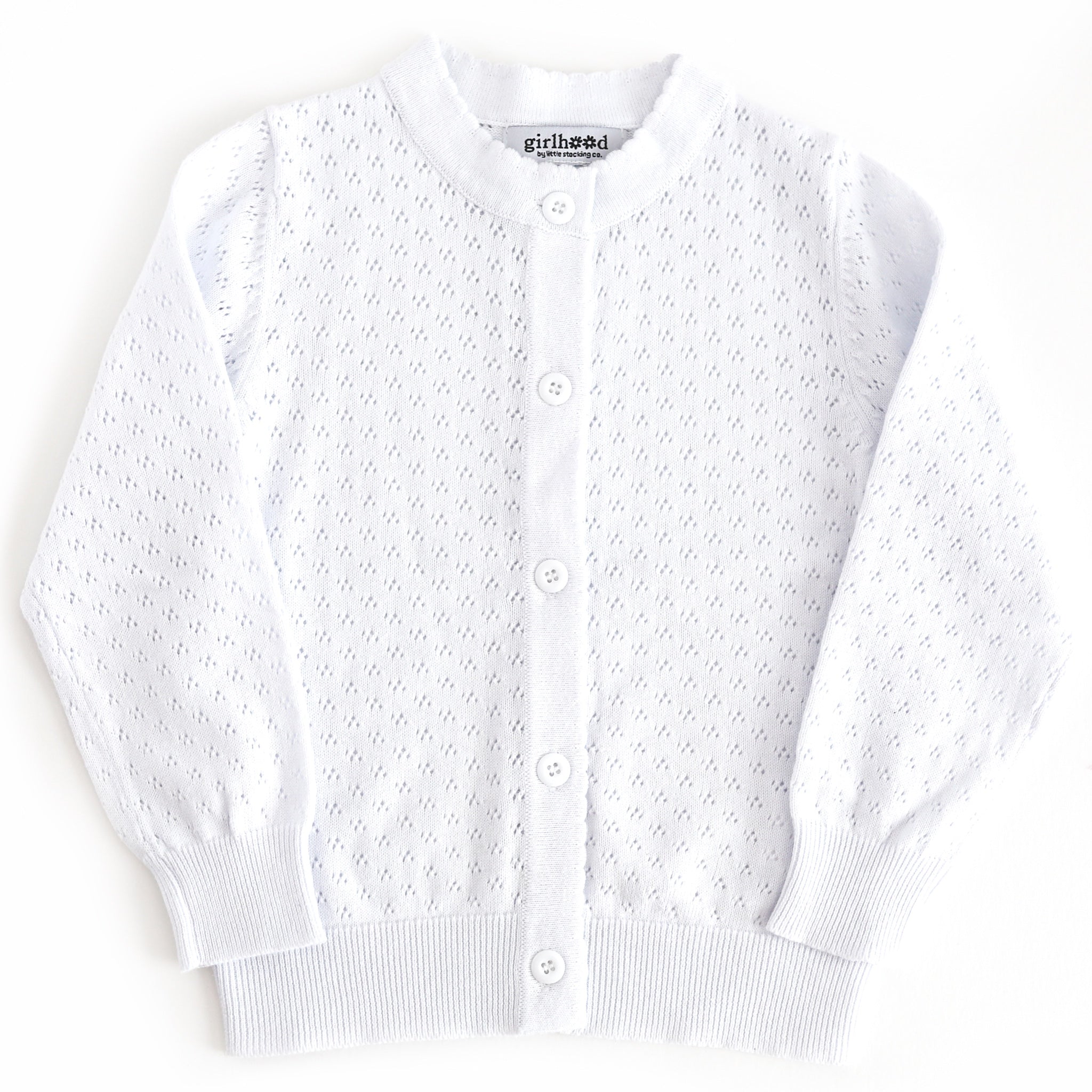 girls' white cotton knit pointelle cardigan with scalloped trim and buttons 