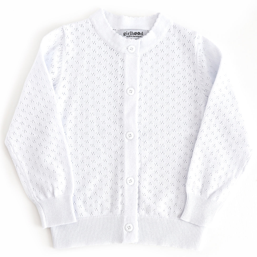 girls' white cotton knit pointelle cardigan with scalloped trim and buttons 