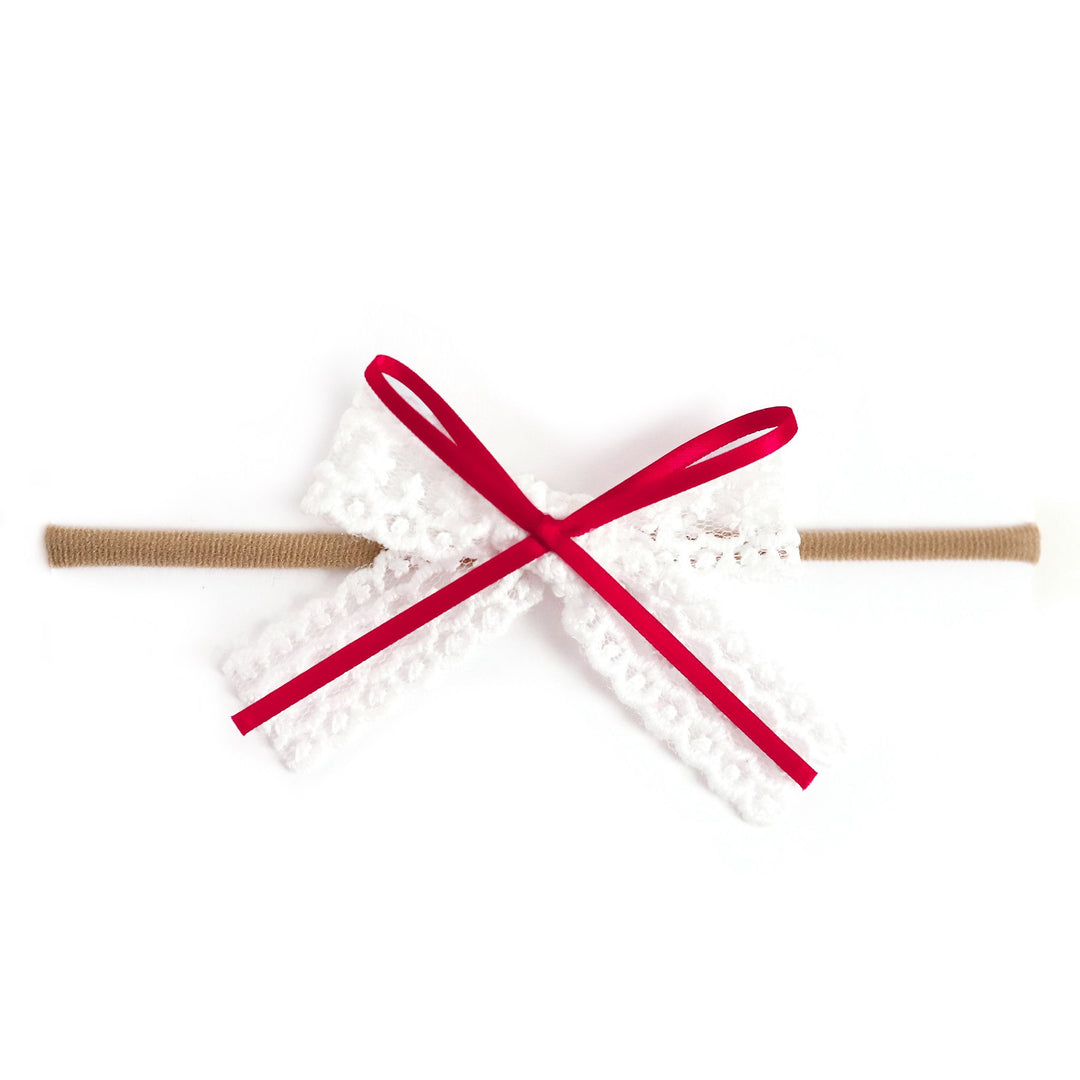 Valentin's baby bow with white lace and red satin ribbon on stretchy nylon headband 