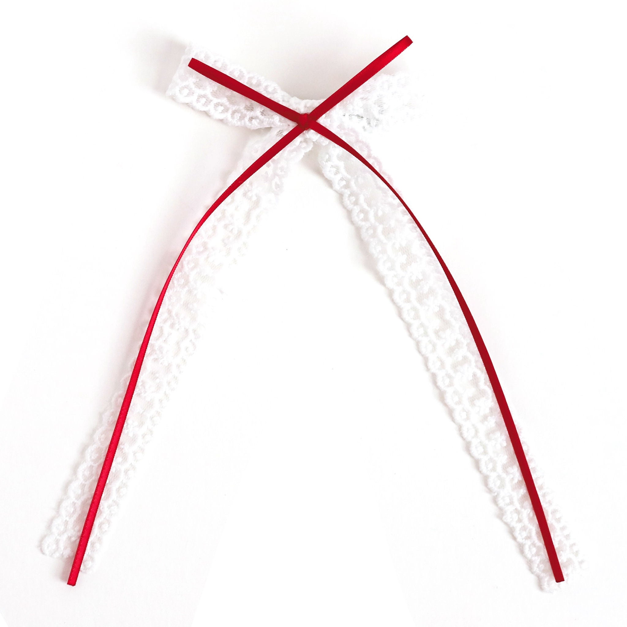 girls white lace long tail bow on clip with red ribbon overlay for Valentines Day