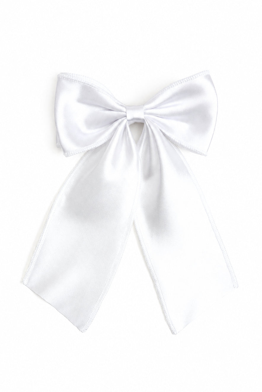 girls' white satin long tail holiday bow on clip