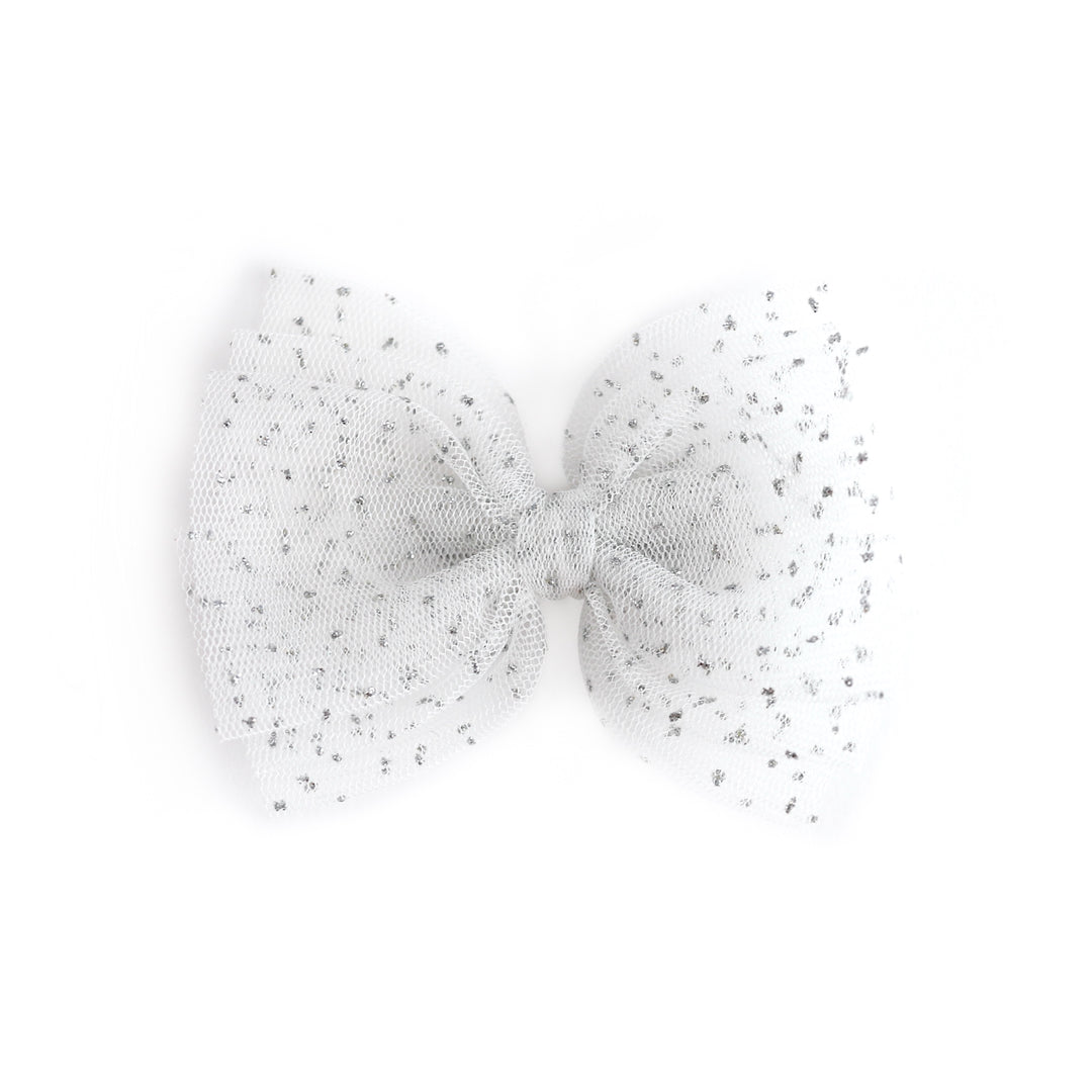 girls' winter white sparkly tulle bow on clip