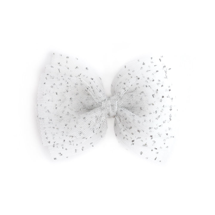 girls' winter white sparkly tulle bow on clip