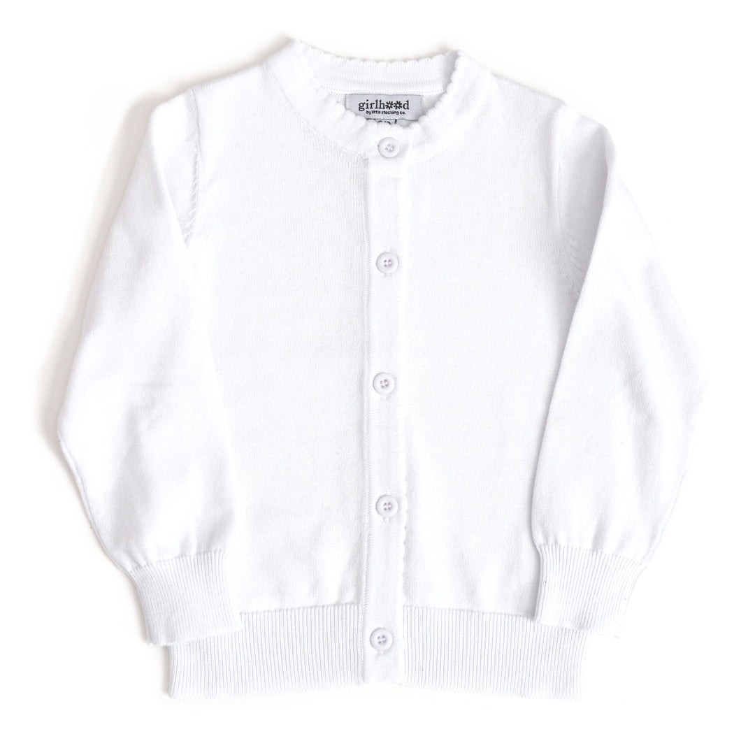 girl's white cotton knit, button front cardigan for spring