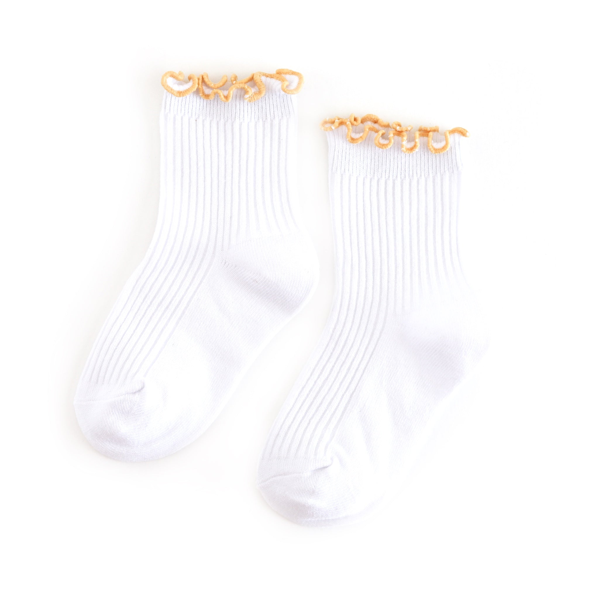 girls' white ribbed midi socks with pastel yellow lettuce trim for spring