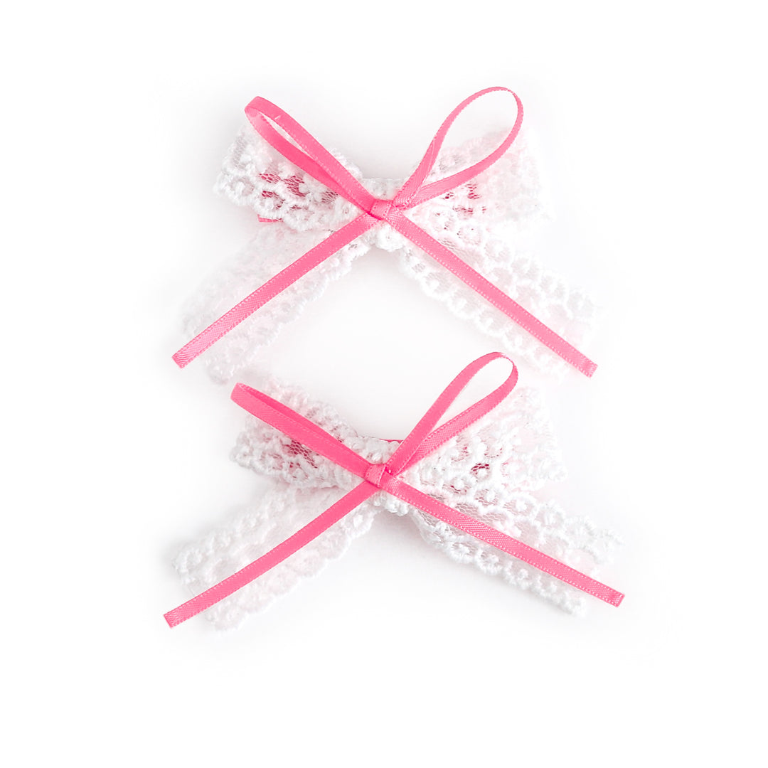 girls' white lace and pink ribbon pigtail bows on clips