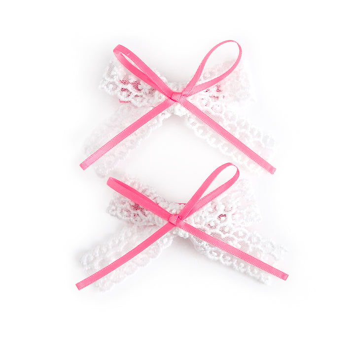 girls' white lace and pink ribbon pigtail bows on clips