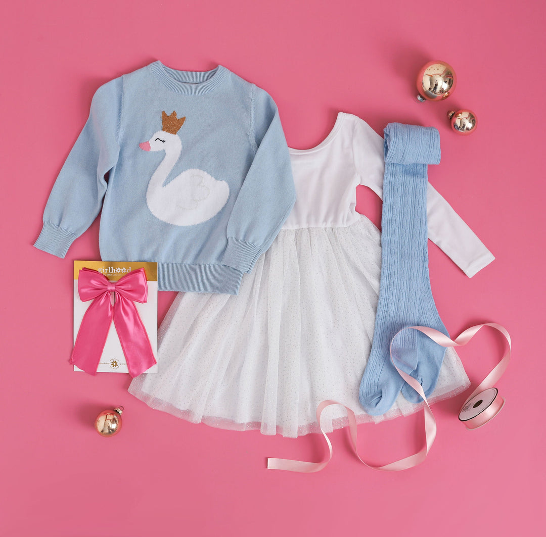 girls christmas outfit white fancy dress with matching swan sweater