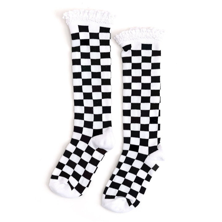 white and black checkered knee high socks for babies, toddlers and girls