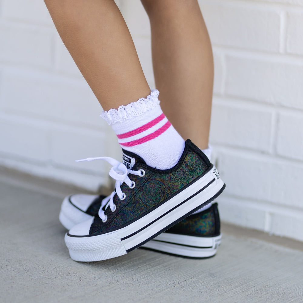 white and hot pink striped midi socks paired with cute holographic converse