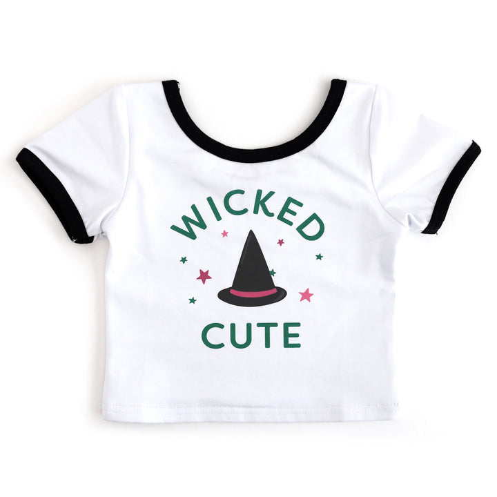 girls' fitted white t-shirt with black binding and witch hat design with "wicked cute" phrase for Wicked inspired outfit