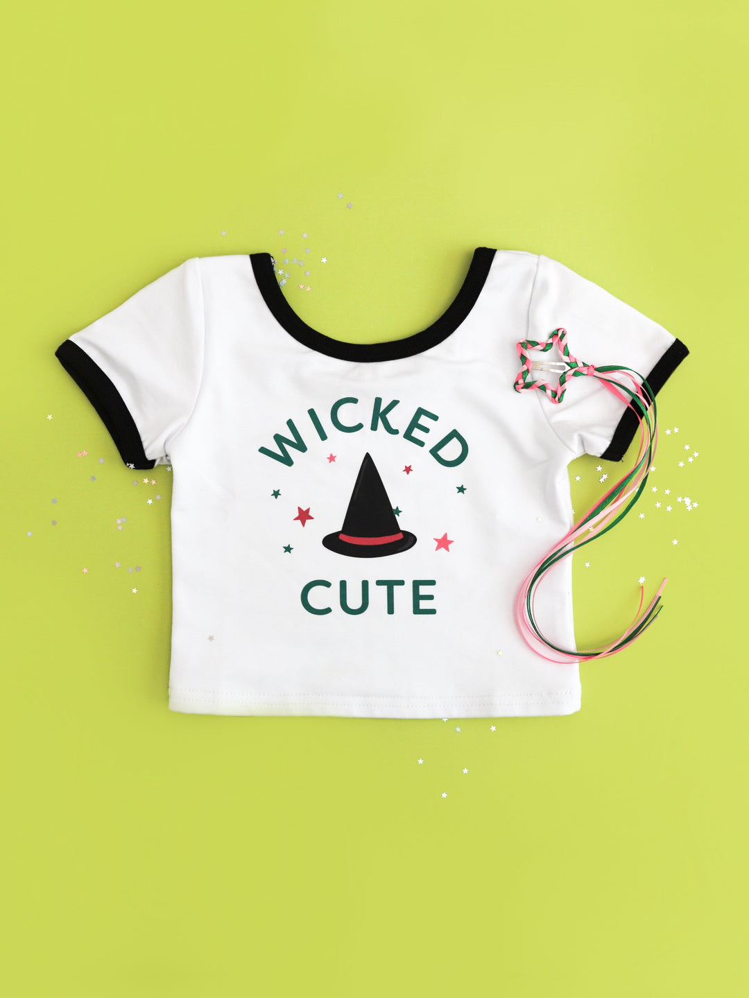 girls' Wicked inspired t-shirt paired with green and pink ribbon star clip