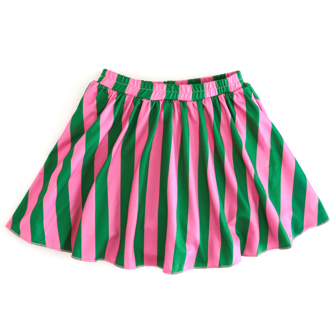 girl's Wicked themed green and pink striped skort with elastic waistband and built in shorts
