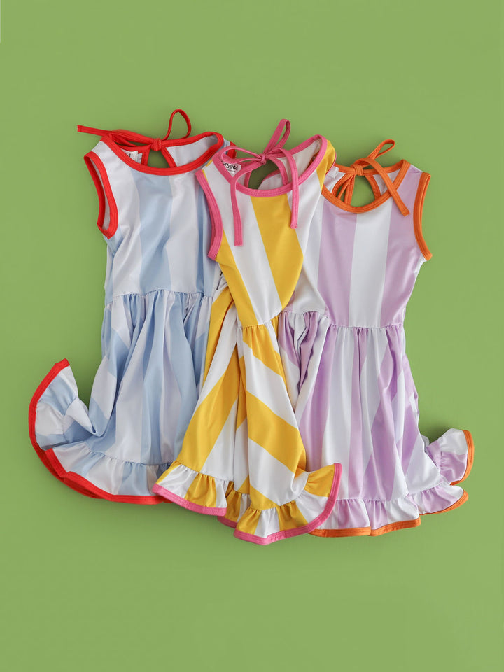 girls wide striped sleeveless twirl dresses in blue, yellow and lavender with contrast binding