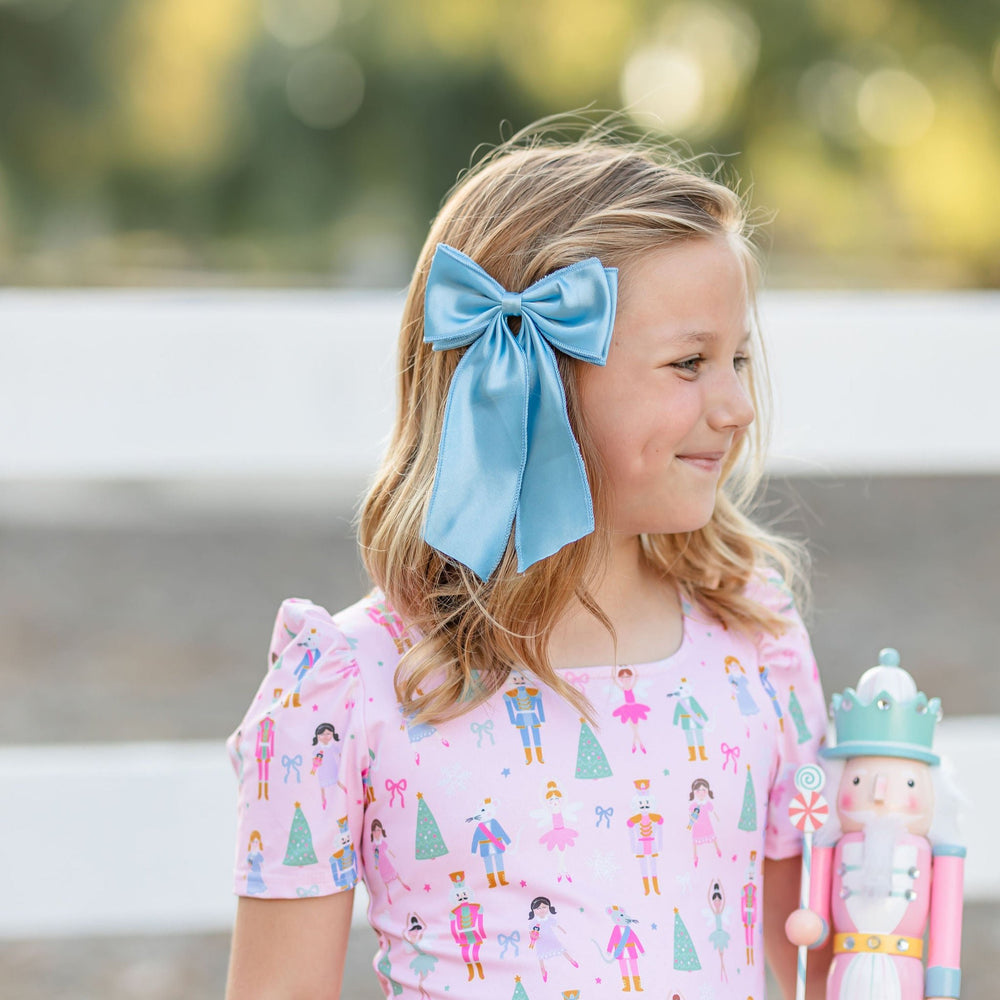 light blue satin hair bow to match girls nutcracker print dress