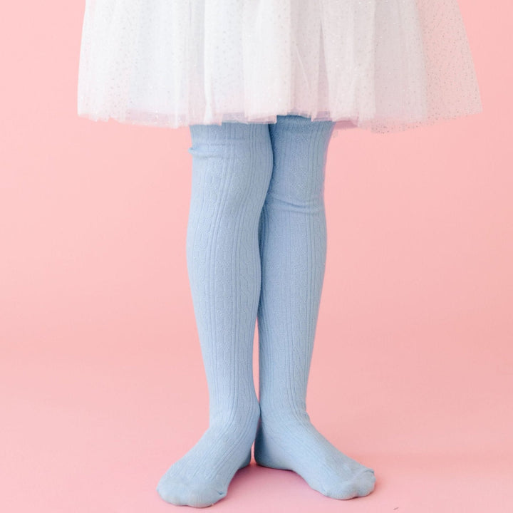 girls light blue cable knit tights with white sparkle tulle dress