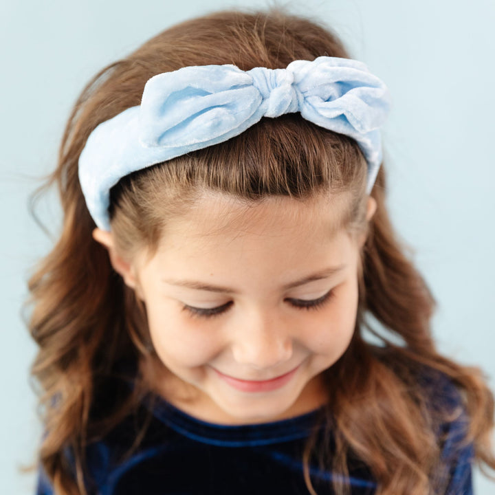 girls velvet headband in light blue with dark blue velvet dress for winter