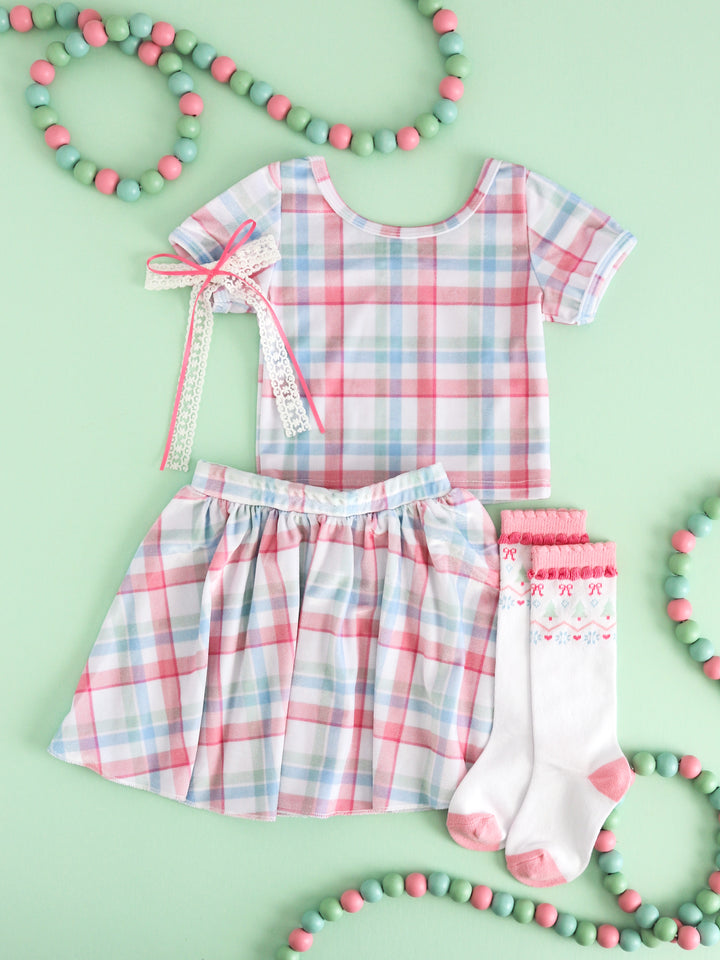 girls' pastel Christmas velvet plaid top and matching skirt set paired with matching knee highs and lace bow