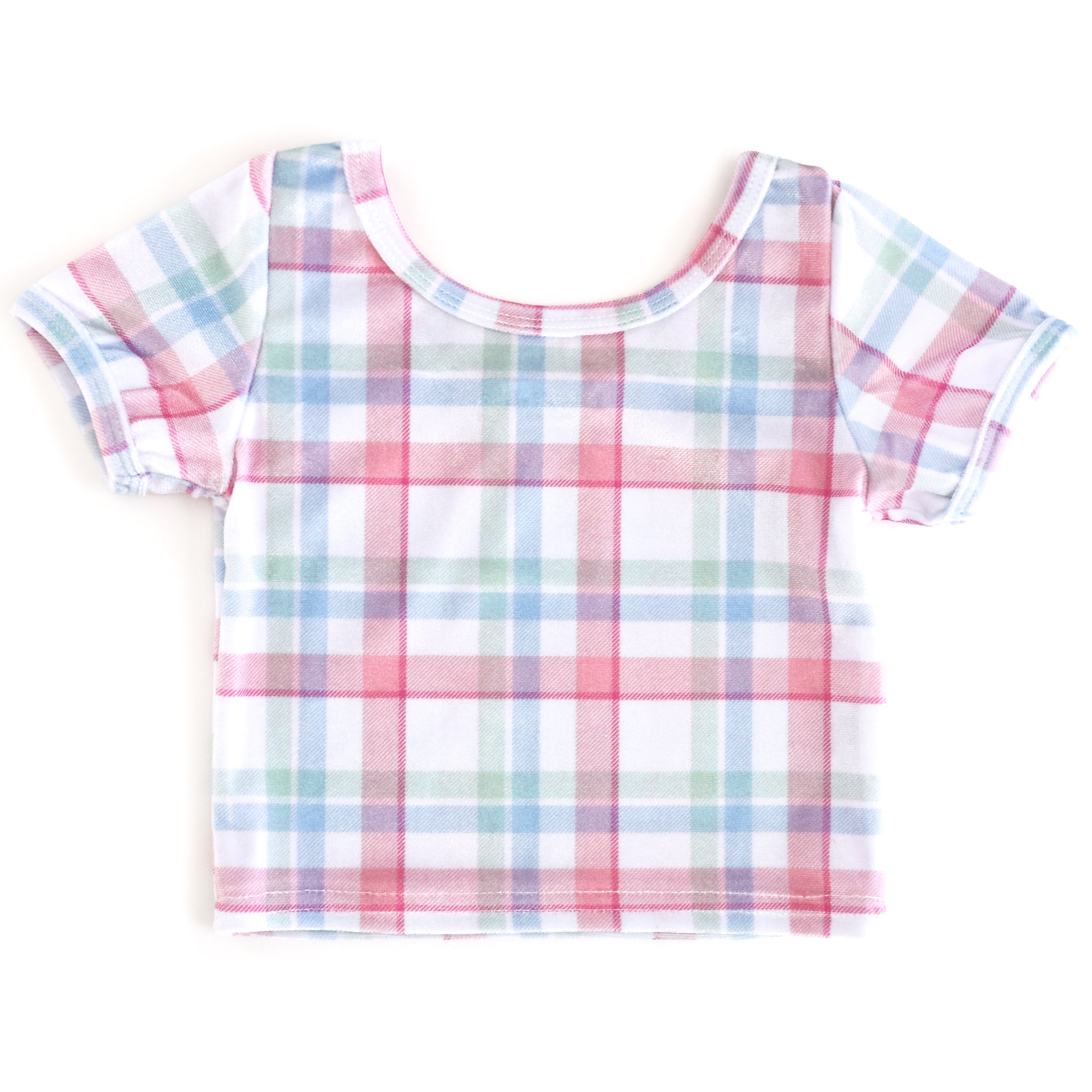 girls' winter wonderland plaid velvet top with white base and pastel pink, blue and green plaid print