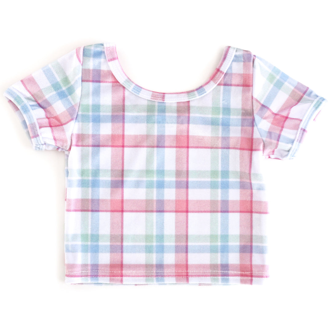 girls' winter wonderland plaid velvet top with white base and pastel pink, blue and green plaid print