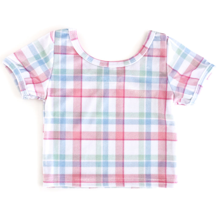girls' winter wonderland plaid velvet top with white base and pastel pink, blue and green plaid print