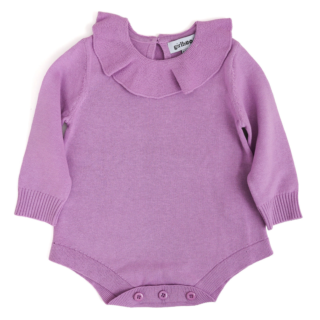 wisteria purple baby sweater romper with ruffle collar
