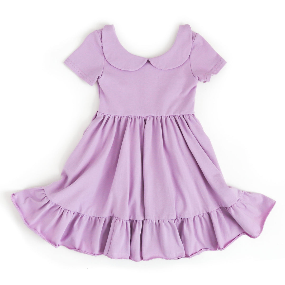light purple girls cotton twirl dress with peter pan collar and side pockets