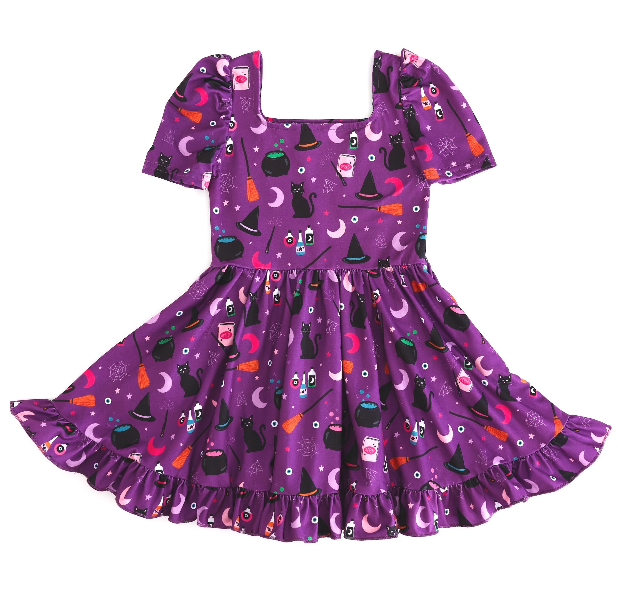 girl's square neck, puff sleeve twirly Halloween dress in purple with witches hats, black cats, cauldrons and other witchy themed print details