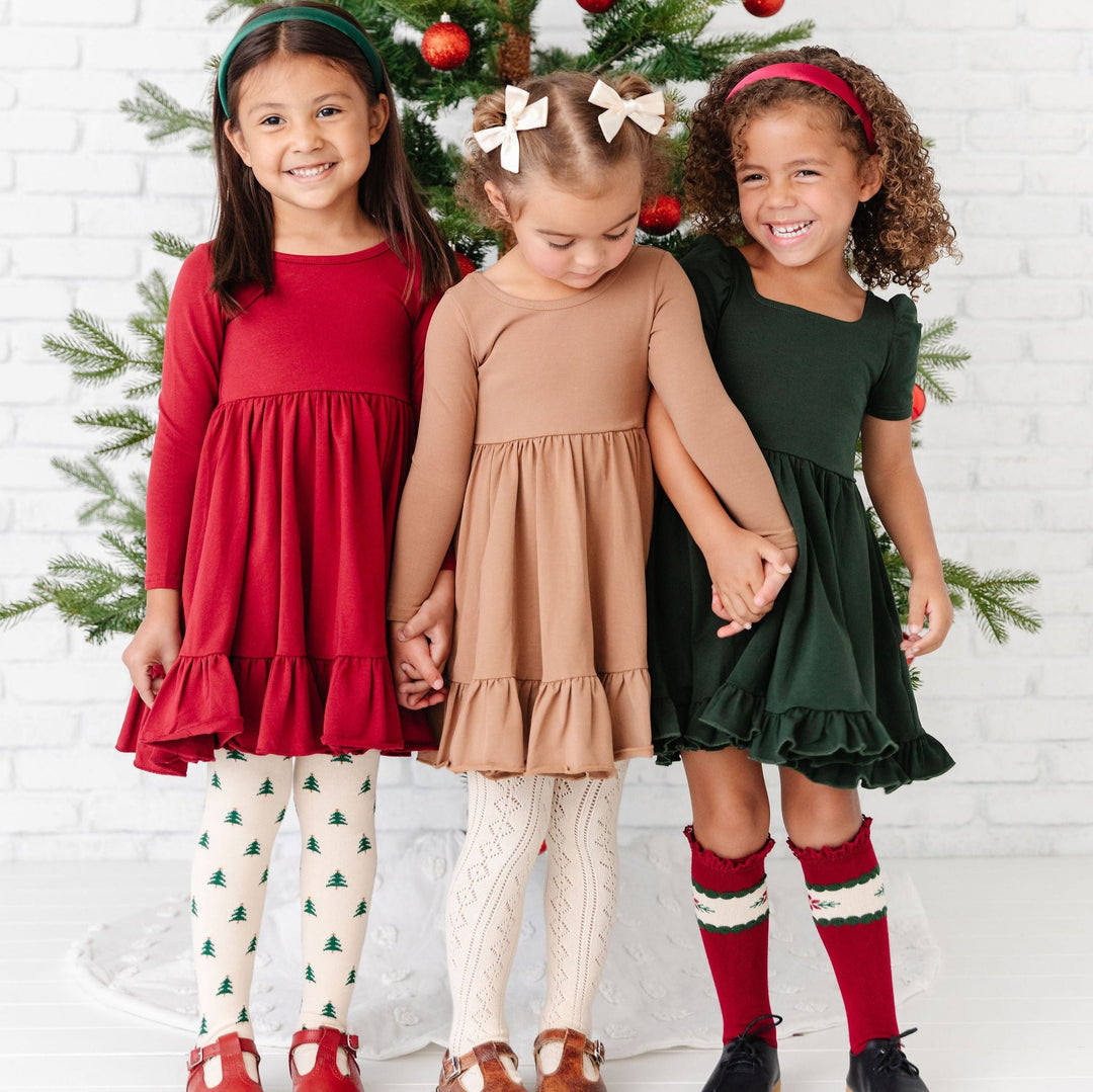 girls solid color cotton twirl dresses with christmas tights and socks