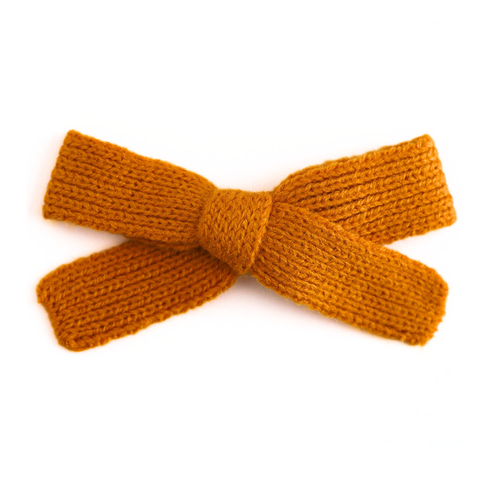 girls' marigold yarn knit hair bow on alligator clip